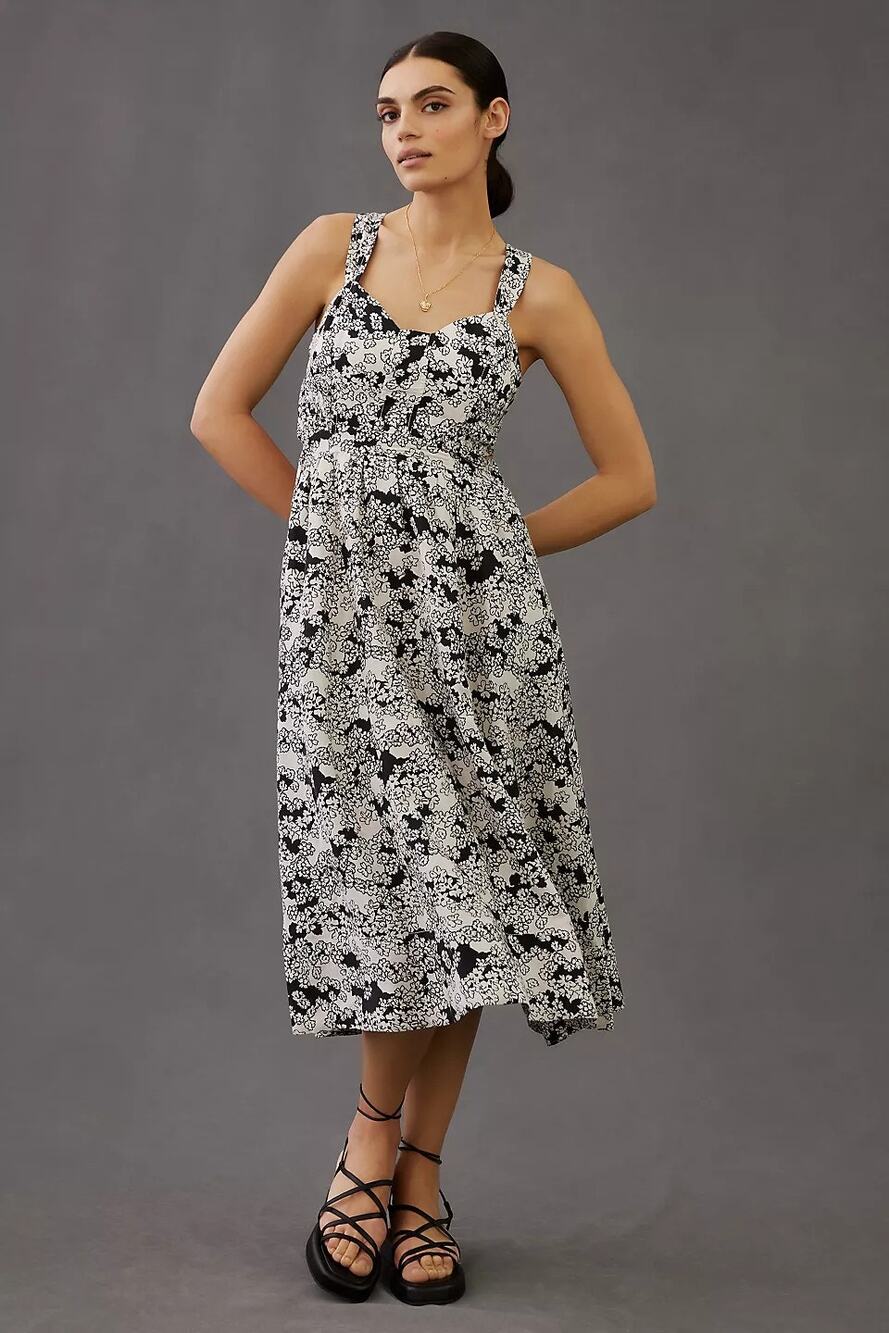 New By Anthropologie Floral Printed Midi Dress LINEN $170 X-SMALL Black
